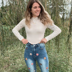 Floral Embroidered Stretch Denim Bibi