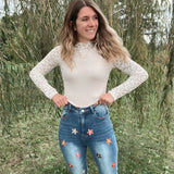 Floral Embroidered Stretch Denim Bibi