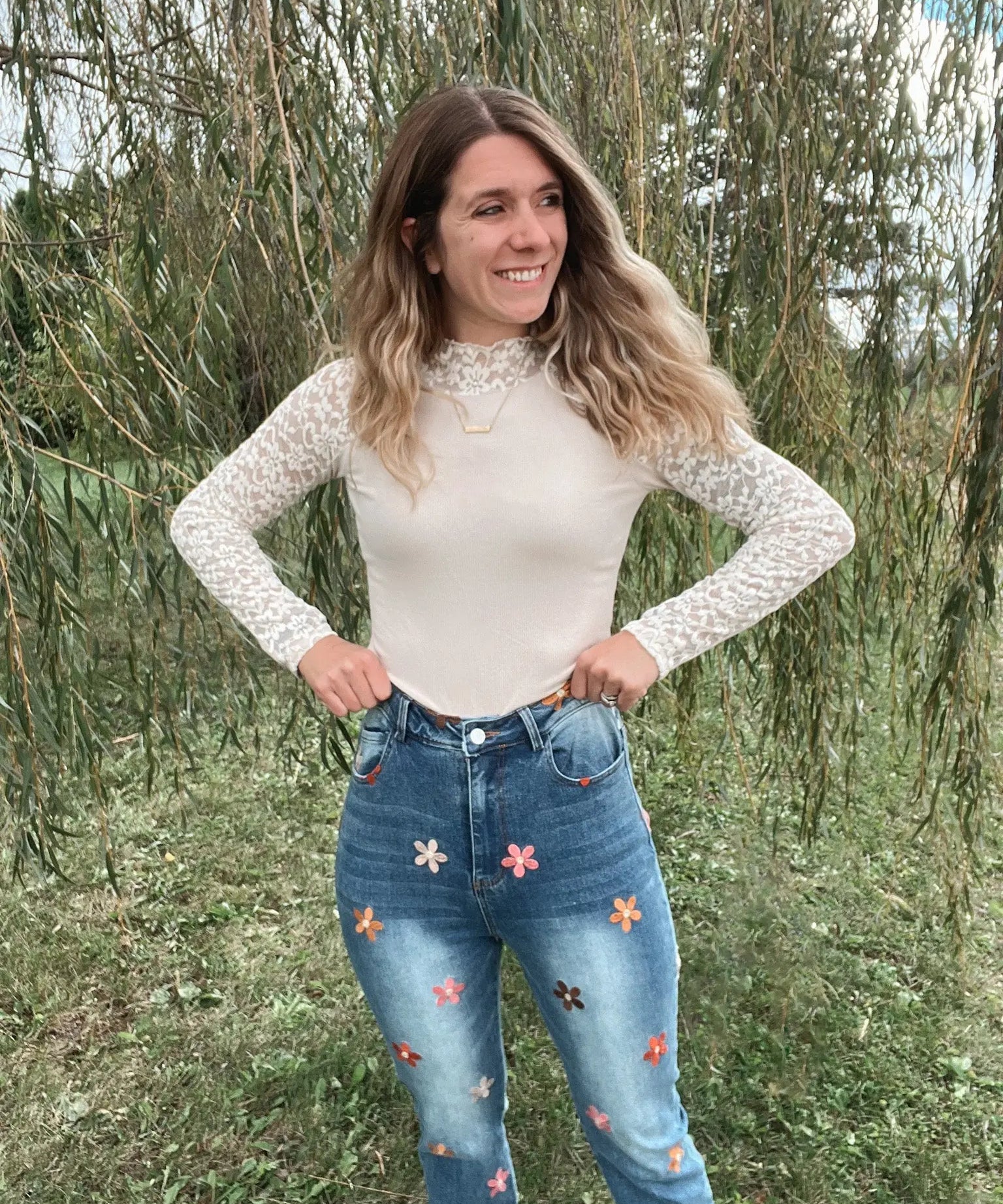 Floral Embroidered Stretch Denim Bibi