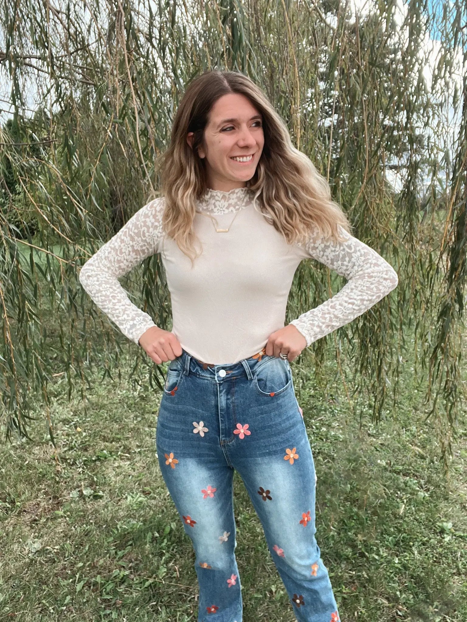 Floral Embroidered Stretch Denim Bibi