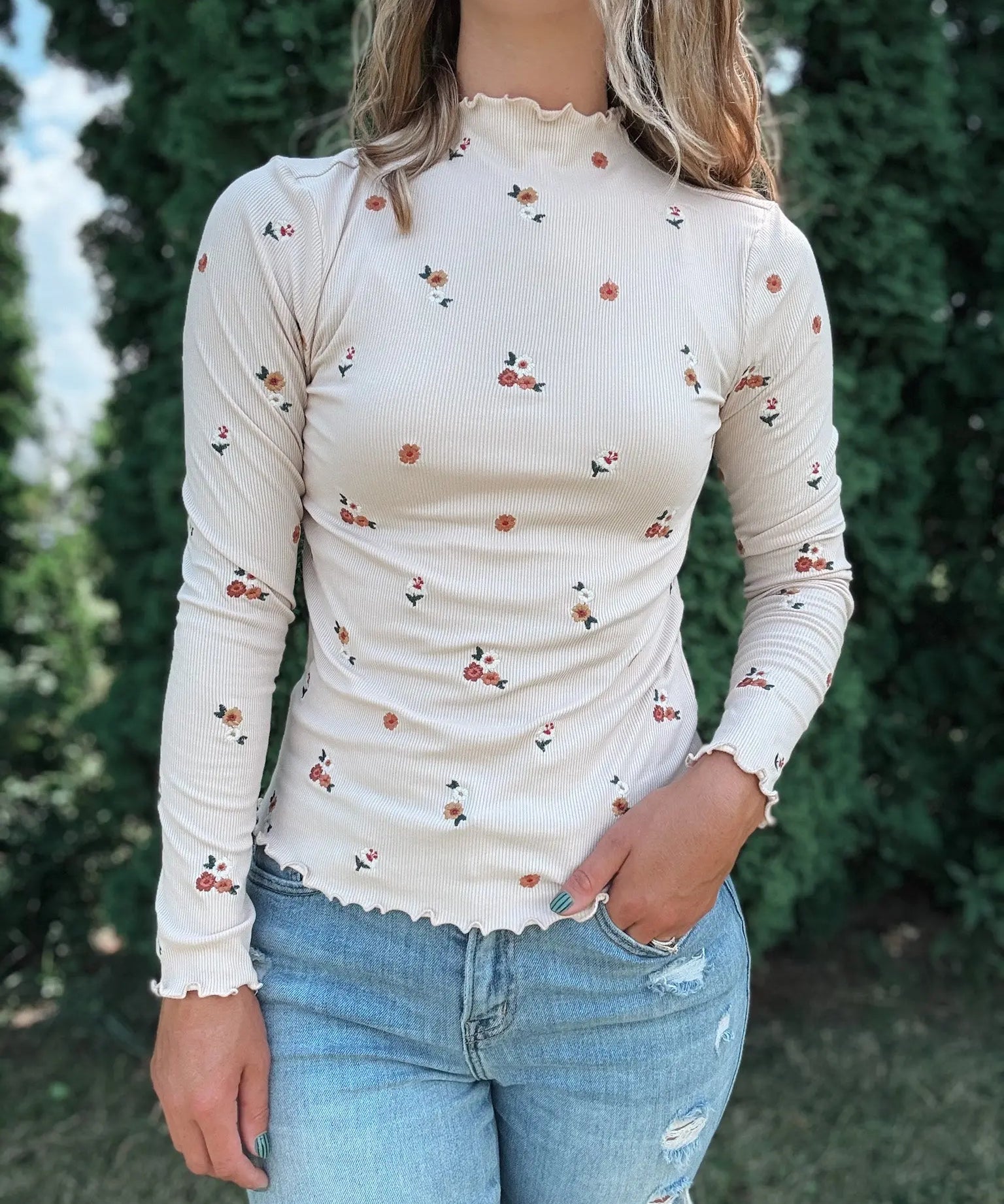 Ivory Embroidered Mock Neck Top Hem & Thread