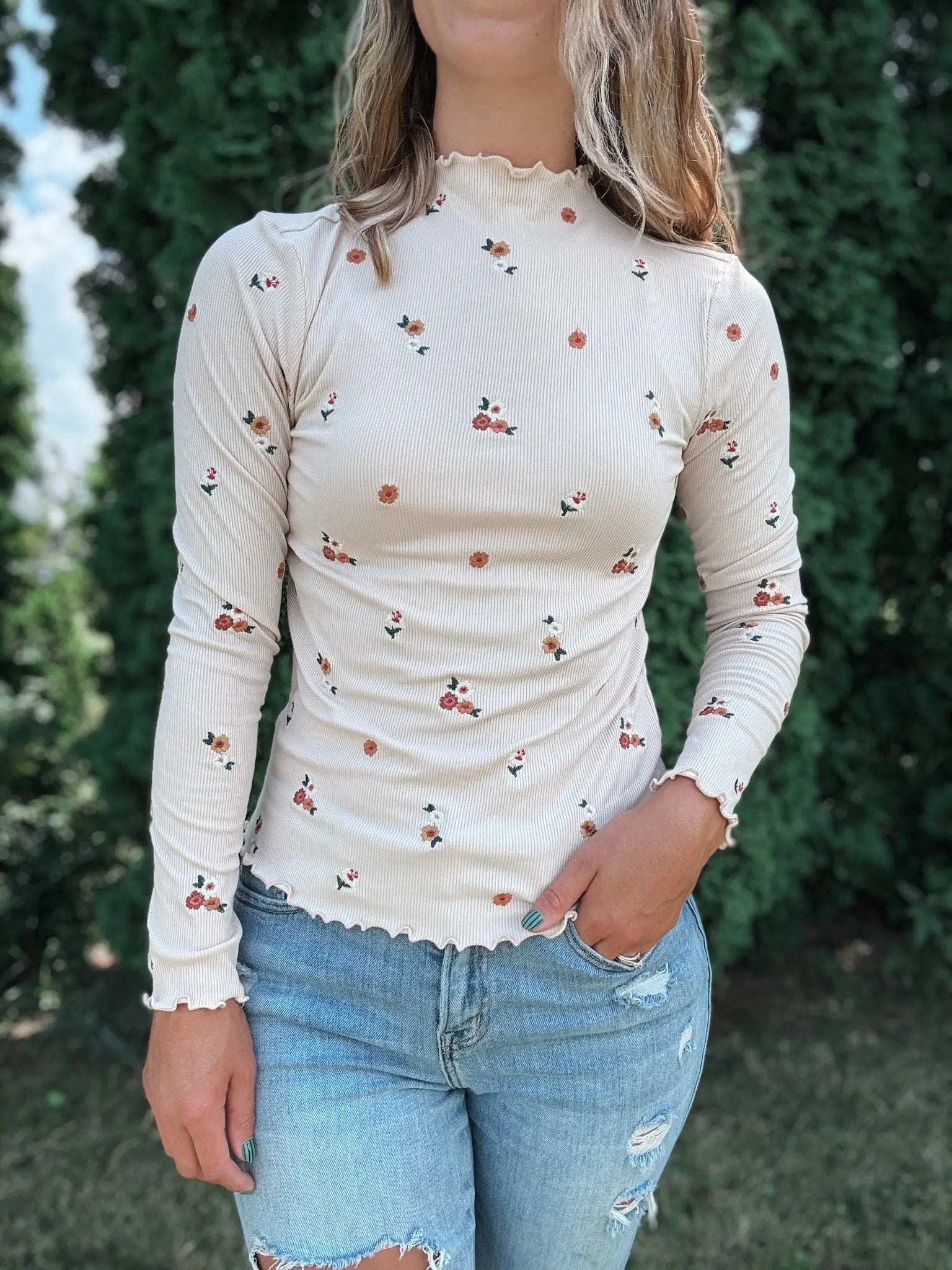 Ivory Embroidered Mock Neck Top Hem & Thread