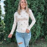 Ivory Embroidered Mock Neck Top Hem & Thread