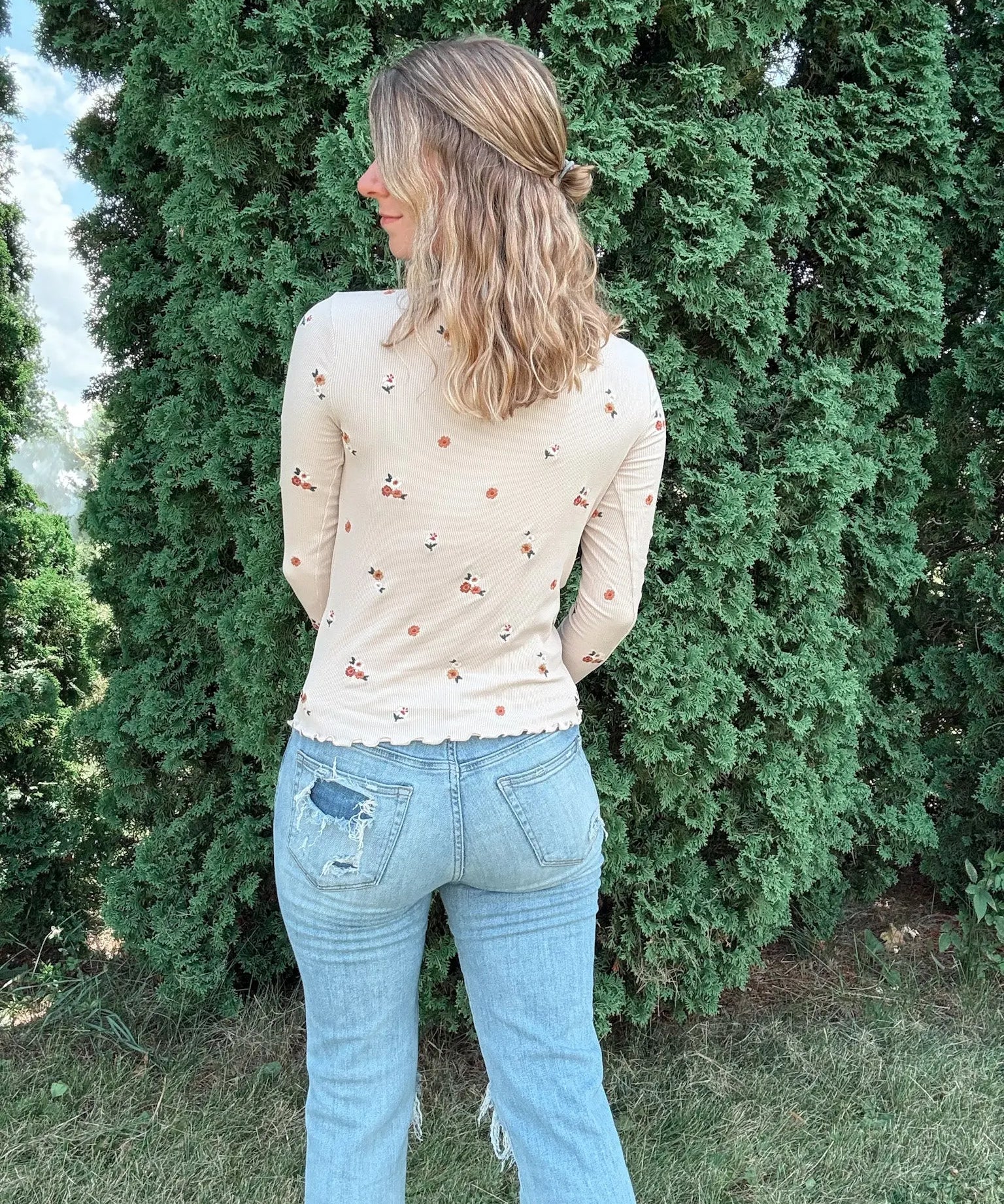 Ivory Embroidered Mock Neck Top Hem & Thread