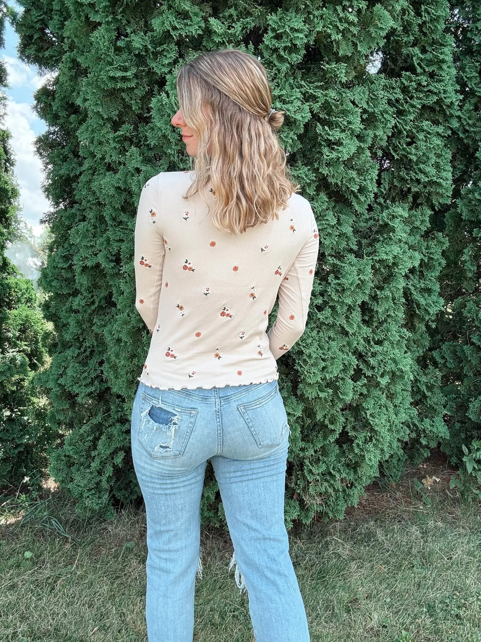 Ivory Embroidered Mock Neck Top Hem & Thread