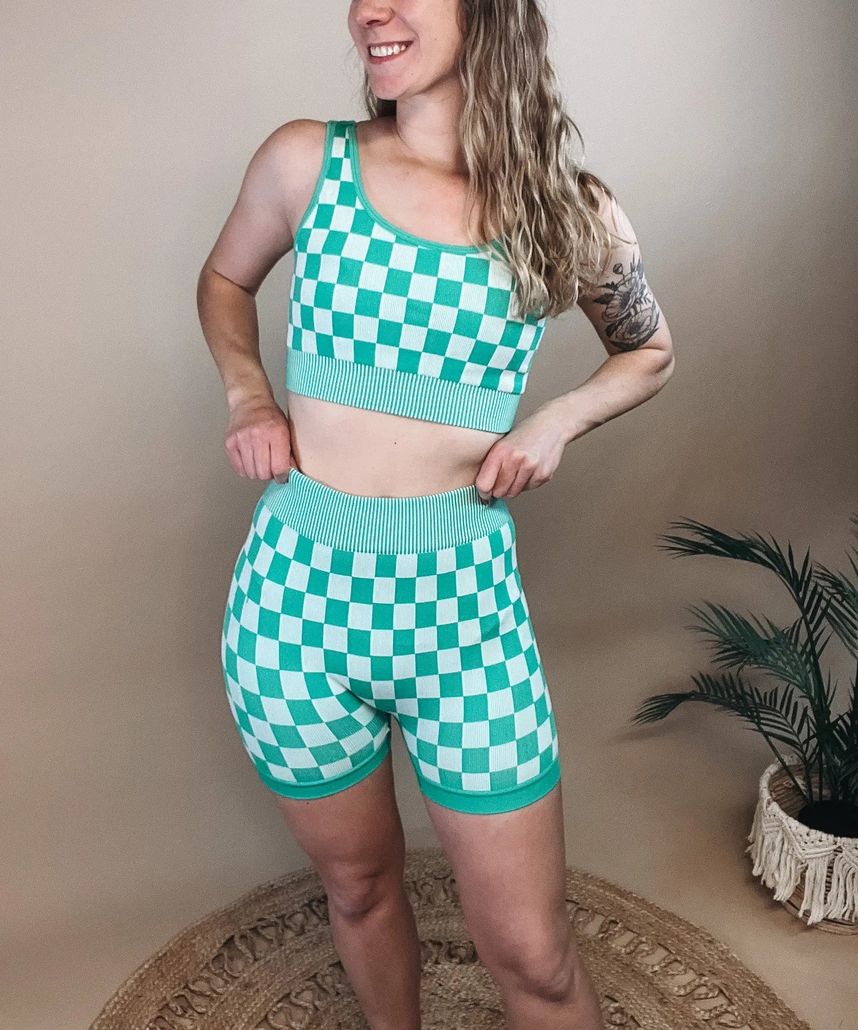 Green Checkmate Biker Shorts Set kimberly c