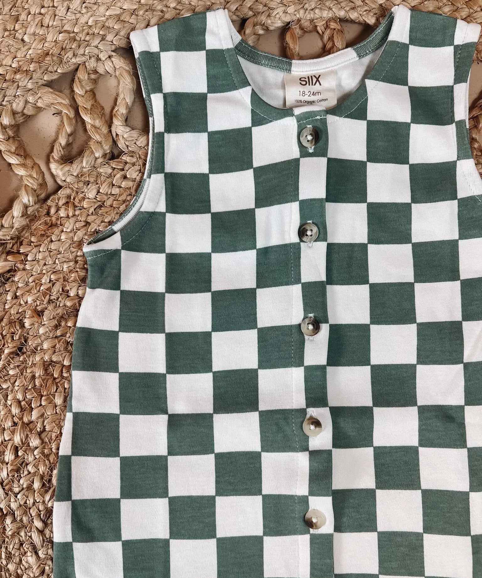 Organic Jade Checkered Button Romper SIIX Collection