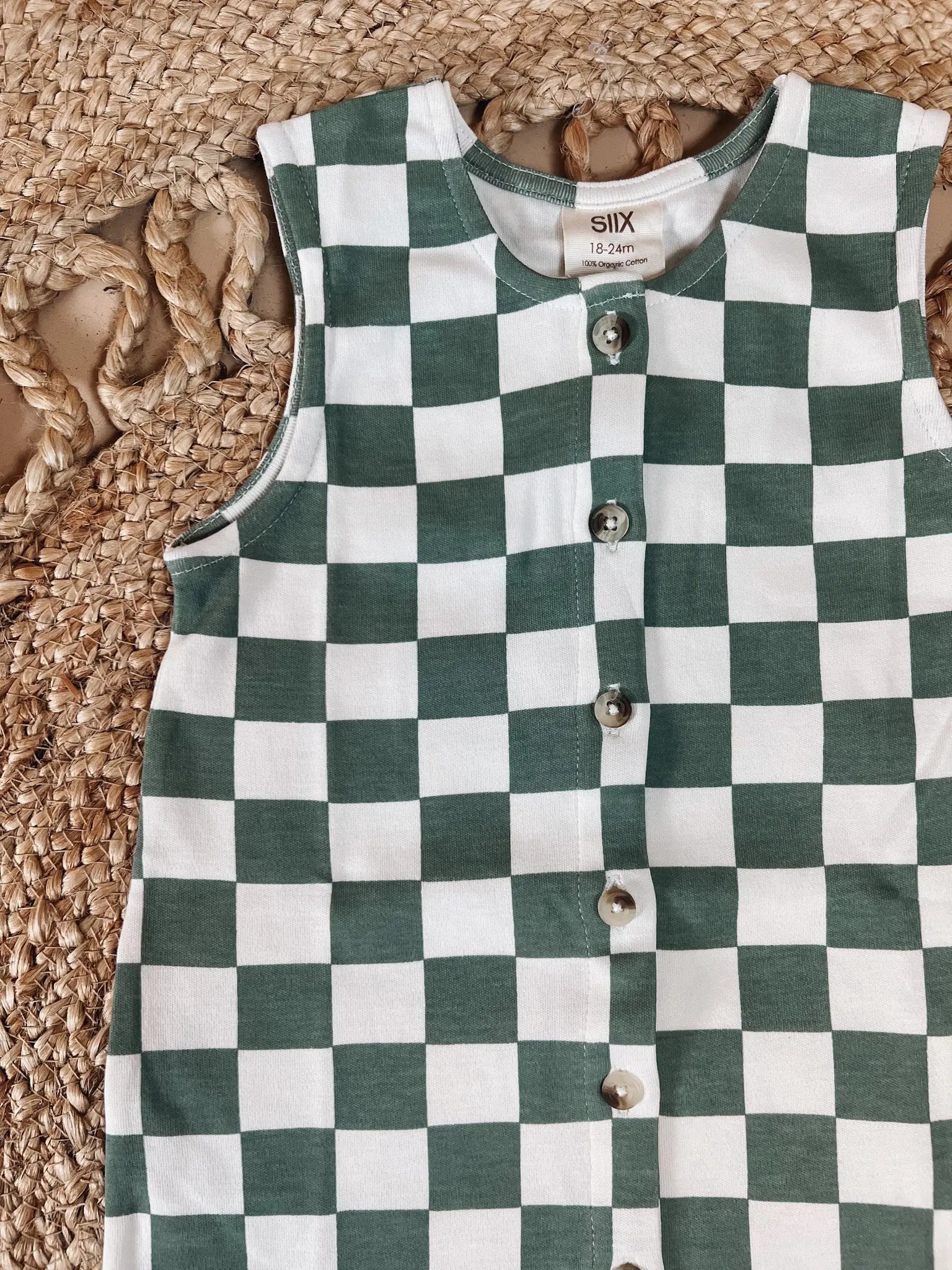 Organic Jade Checkered Button Romper SIIX Collection