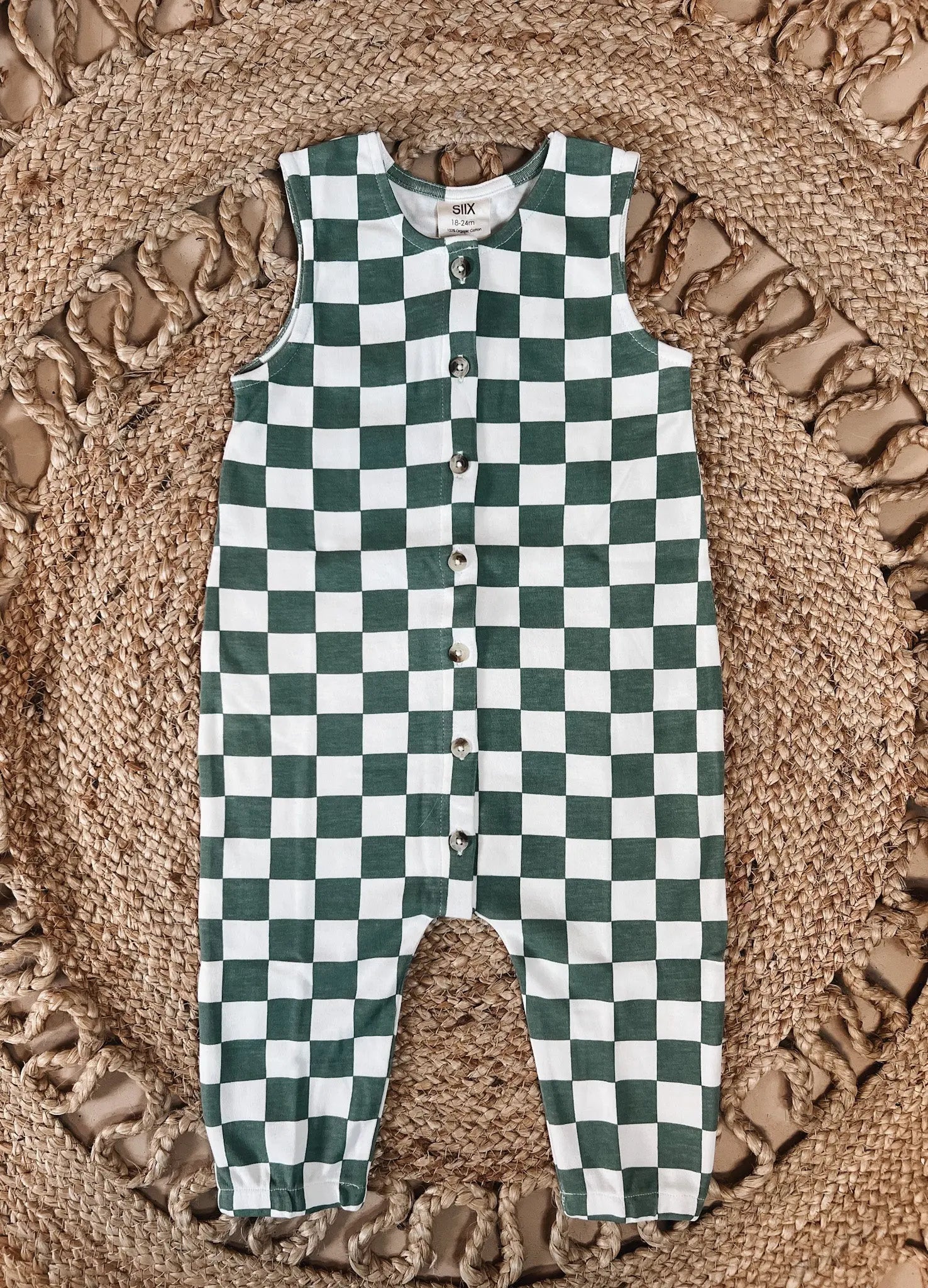 Organic Jade Checkered Button Romper SIIX Collection