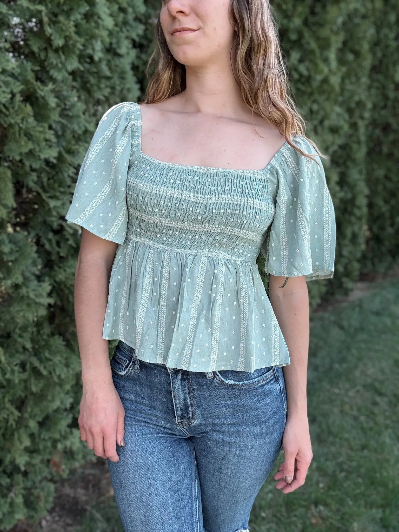Smocked Embroidered Linen Top Raising Brave