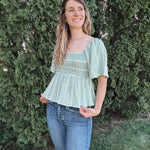 Smocked Embroidered Linen Top Raising Brave