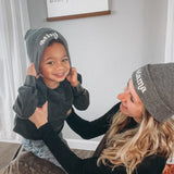 Mama + Mini Grey Beanies Raising Brave