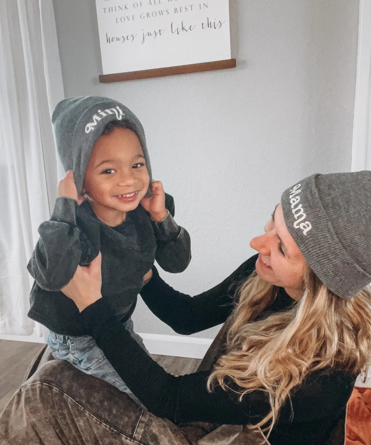 Mama + Mini Grey Beanies Raising Brave