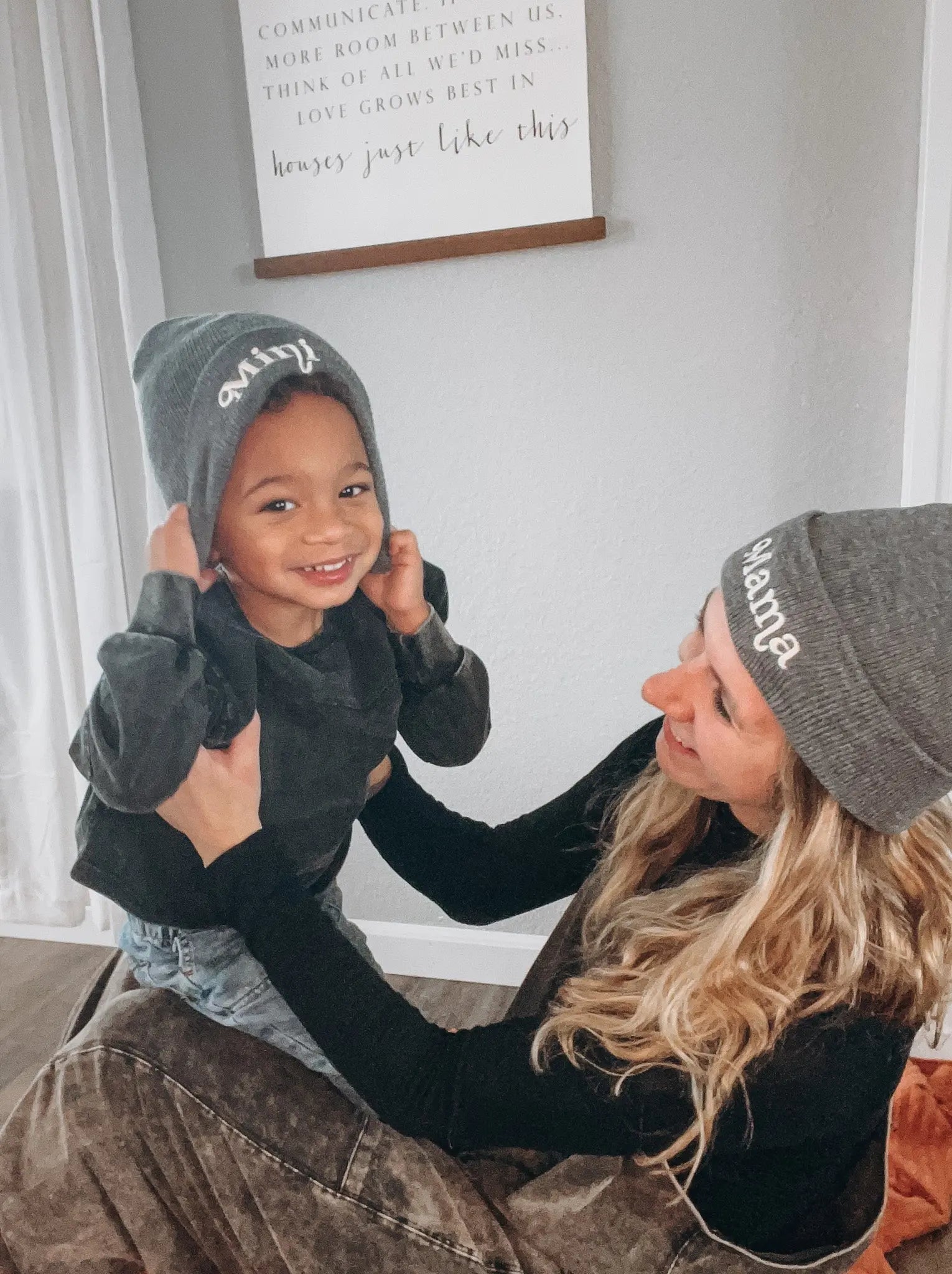 Mama + Mini Grey Beanies Raising Brave