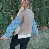 Checkered Denim Sleeve Sweater