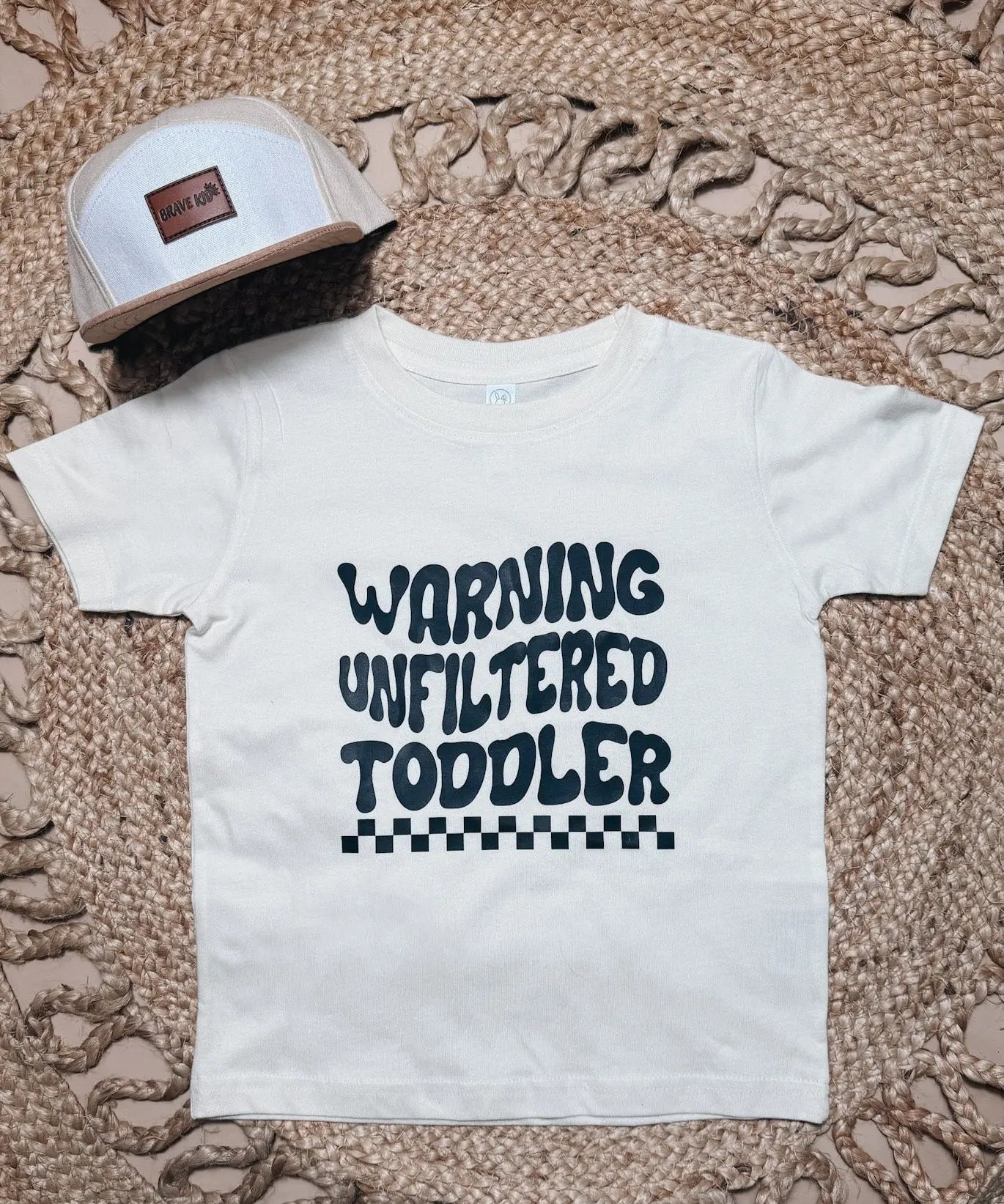 Ivory t-shirt with 'Warning: Unfiltered Toddler' graphic
