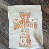 Retro Floral Cross Graphic T-Shirt- Cream - Raising Brave