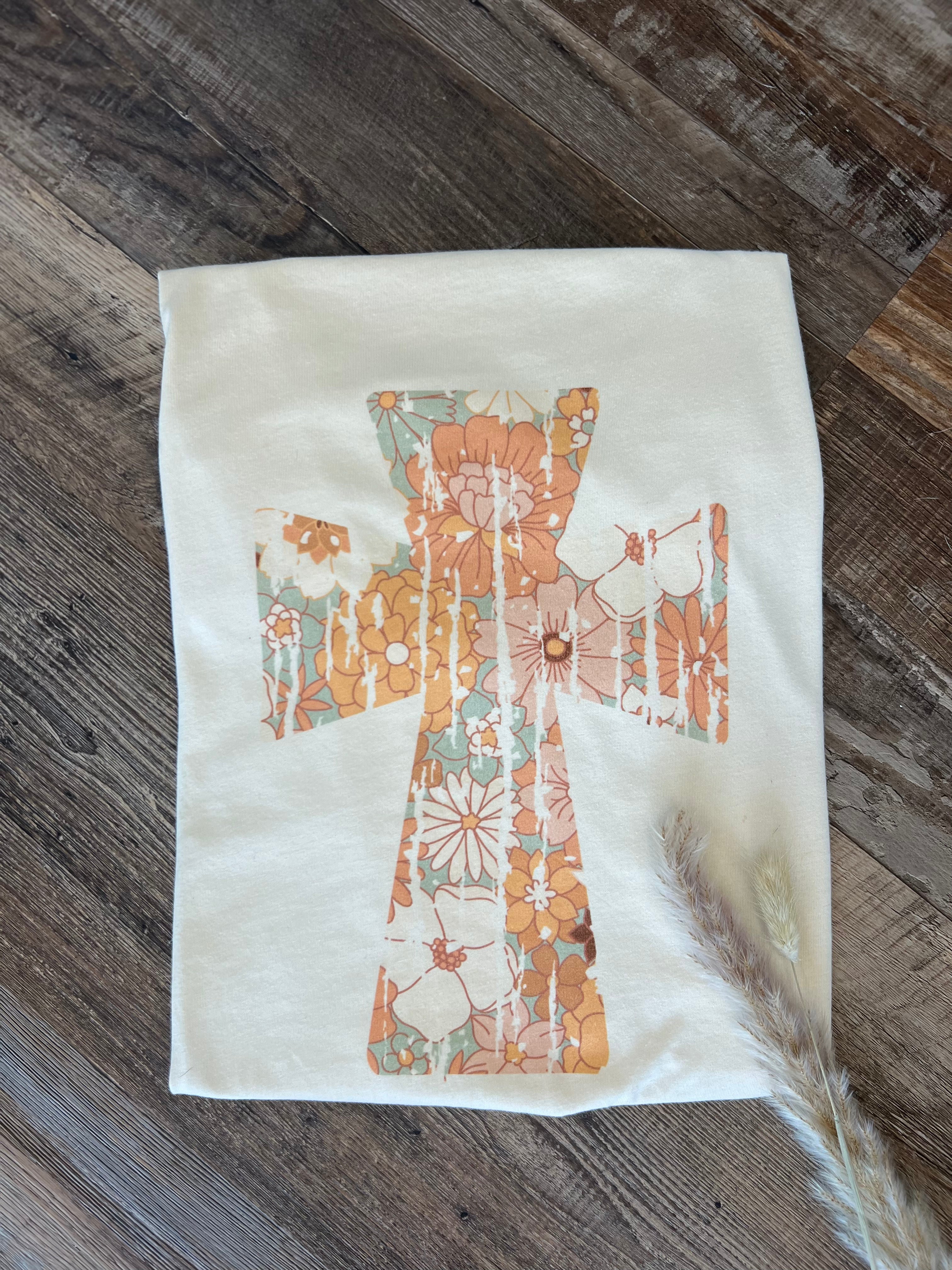 Retro Floral Cross Graphic T-Shirt- Cream - Raising Brave