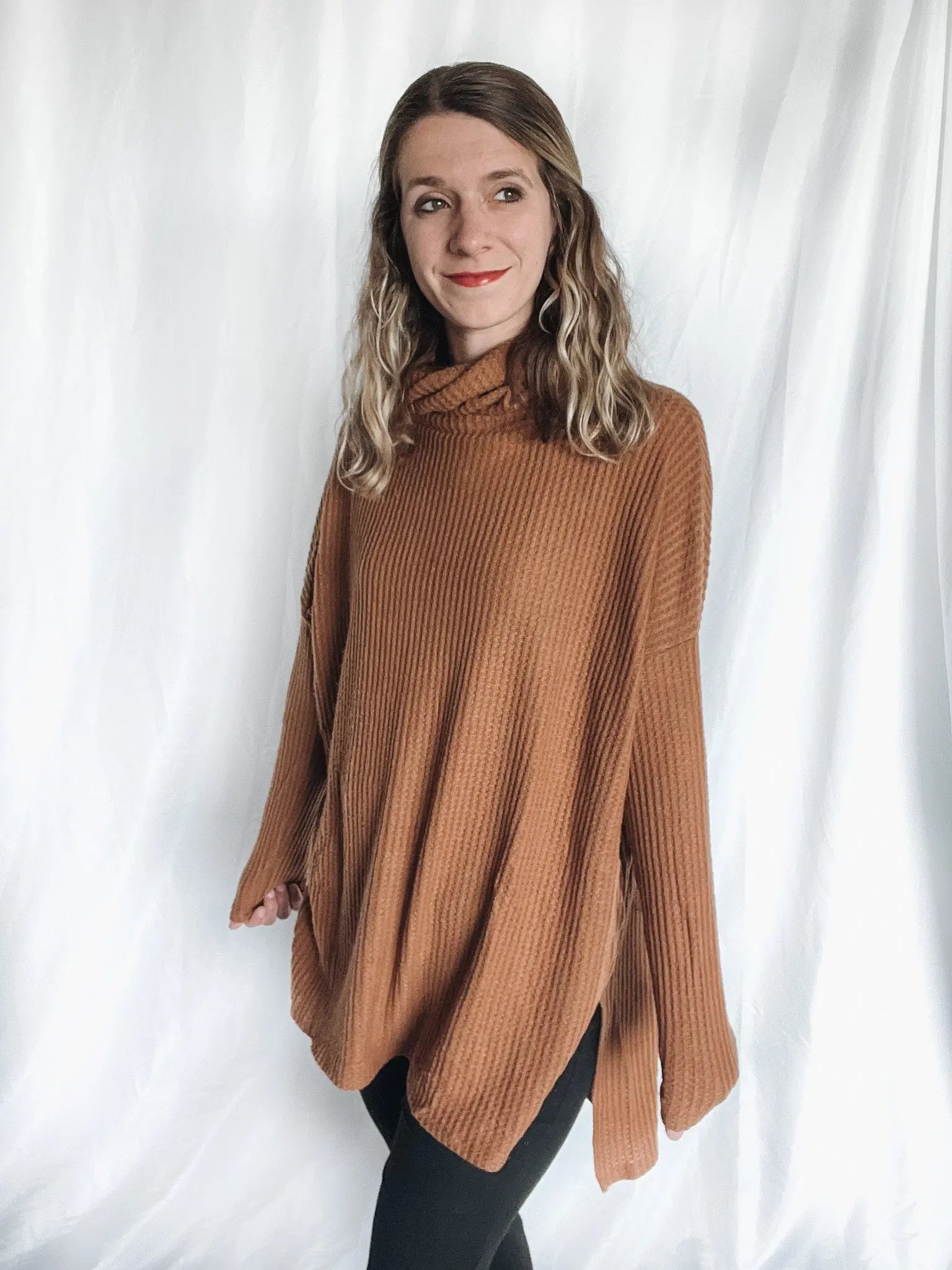 Cowl Neck Waffle Knit Sweater - Raising Brave