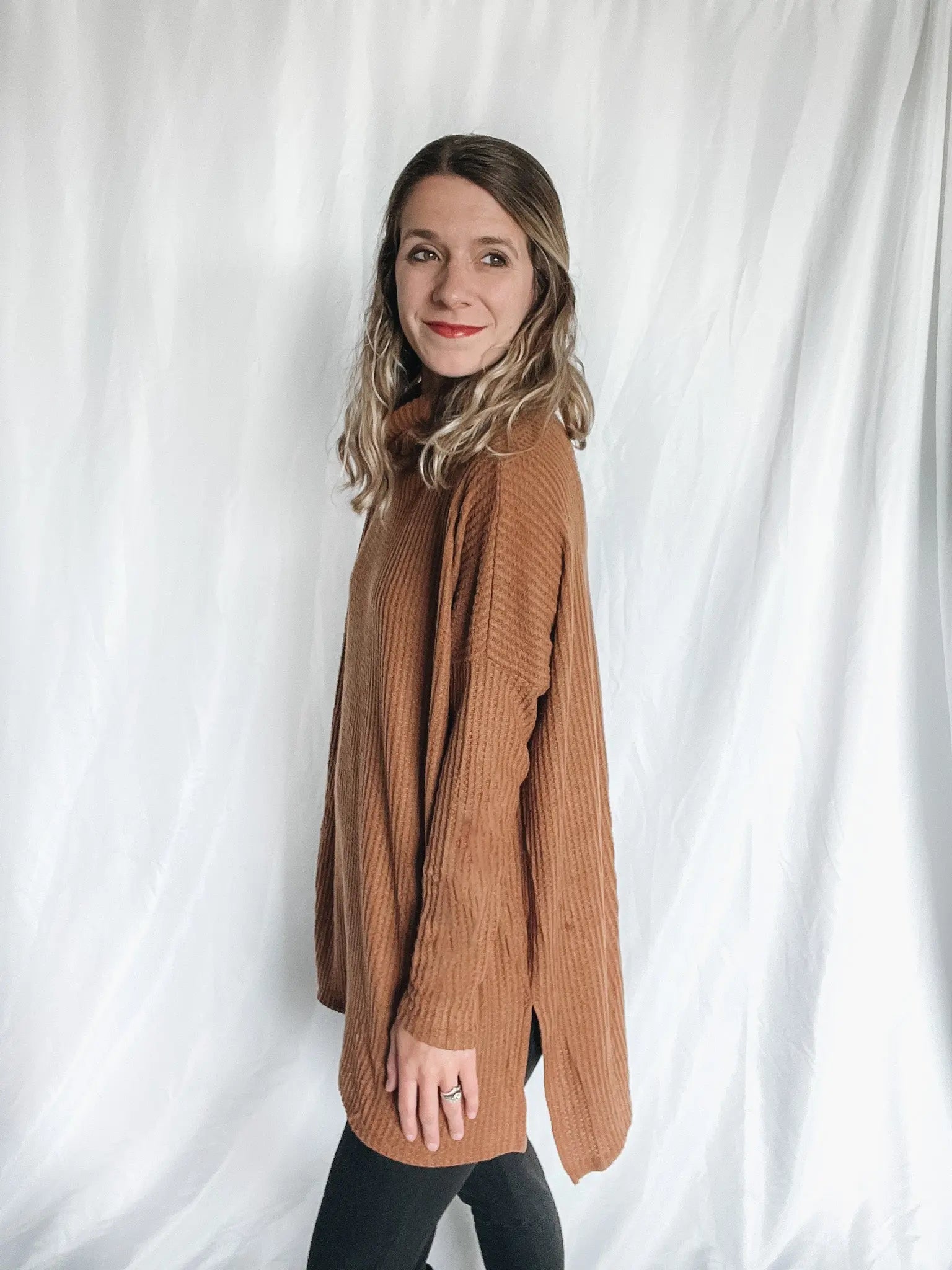 Cowl Neck Waffle Knit Sweater - Raising Brave