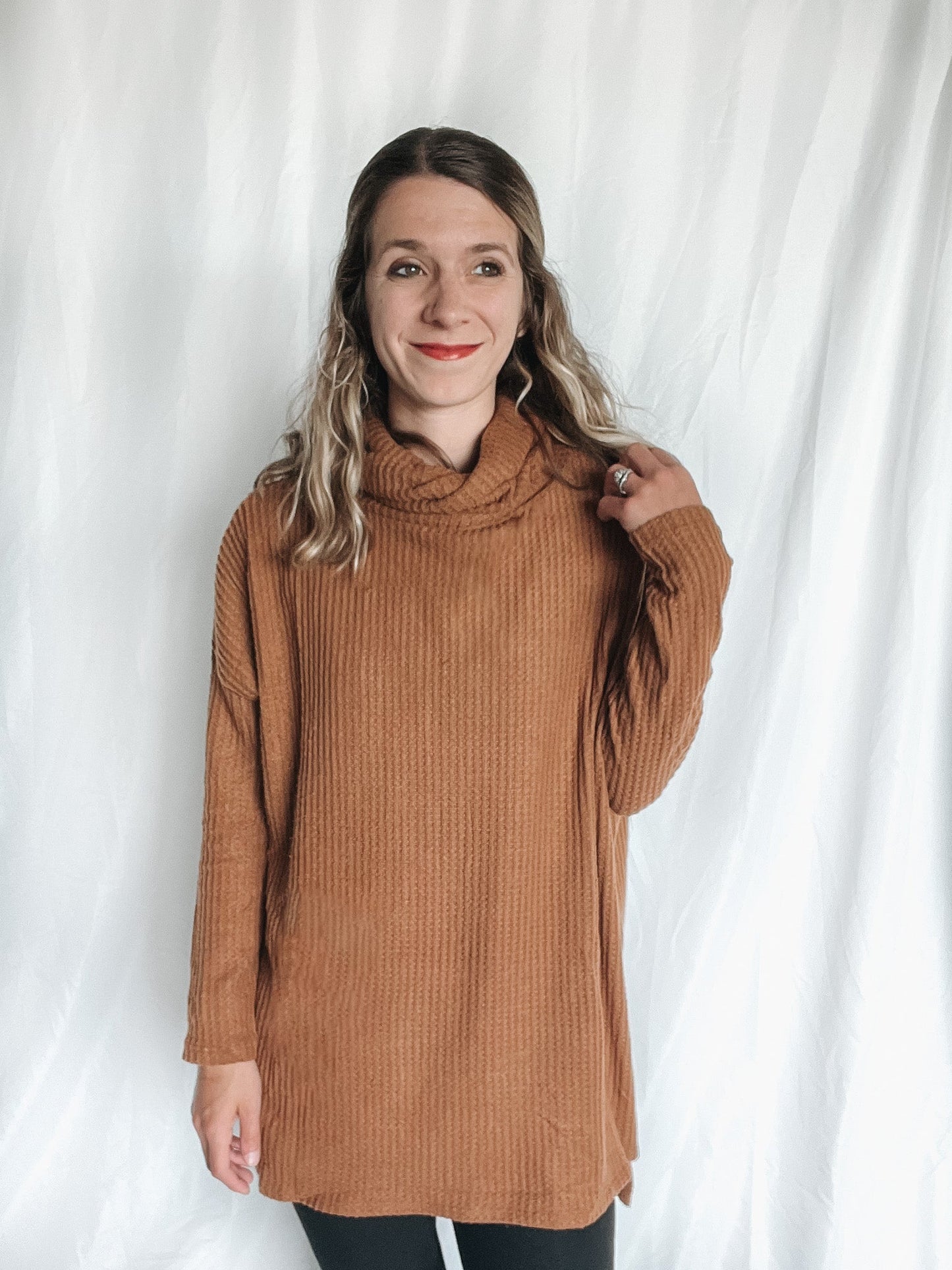 Cowl Neck Waffle Knit Sweater - Raising Brave