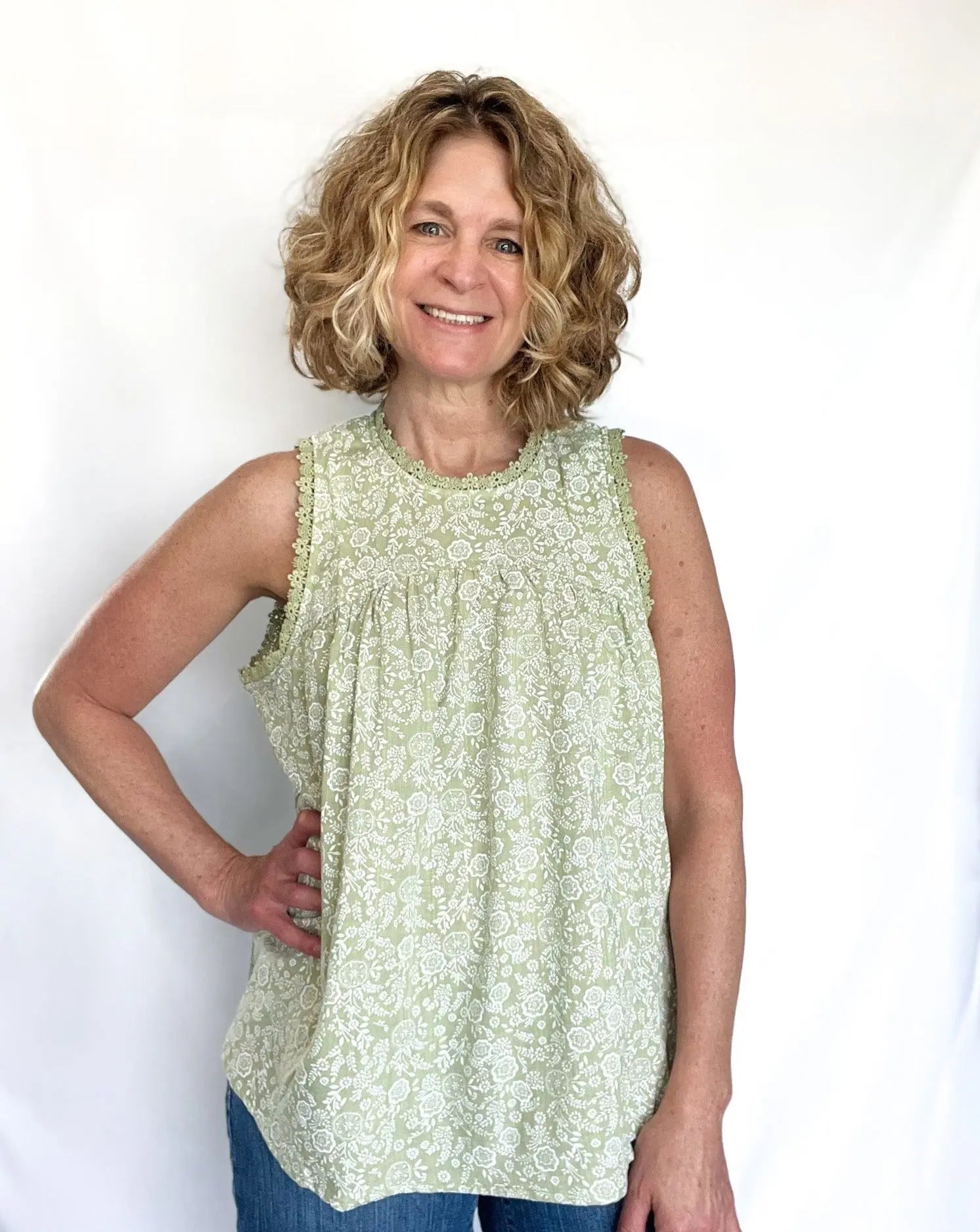 Paisley Floral Lace Green Tank Top - Raising Brave