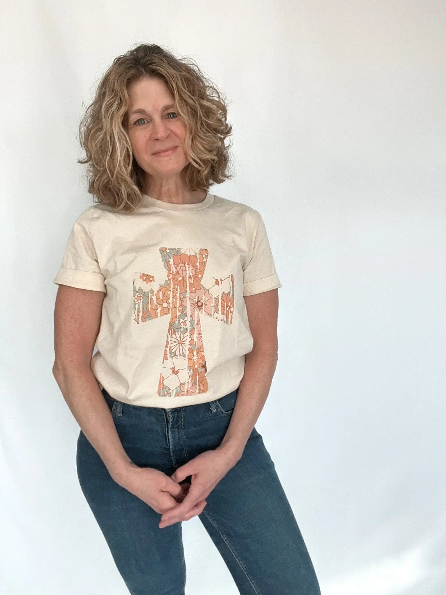 Retro Floral Cross Graphic T-Shirt- Cream - Raising Brave