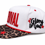 White cap with red text and leopard print brim on a white background