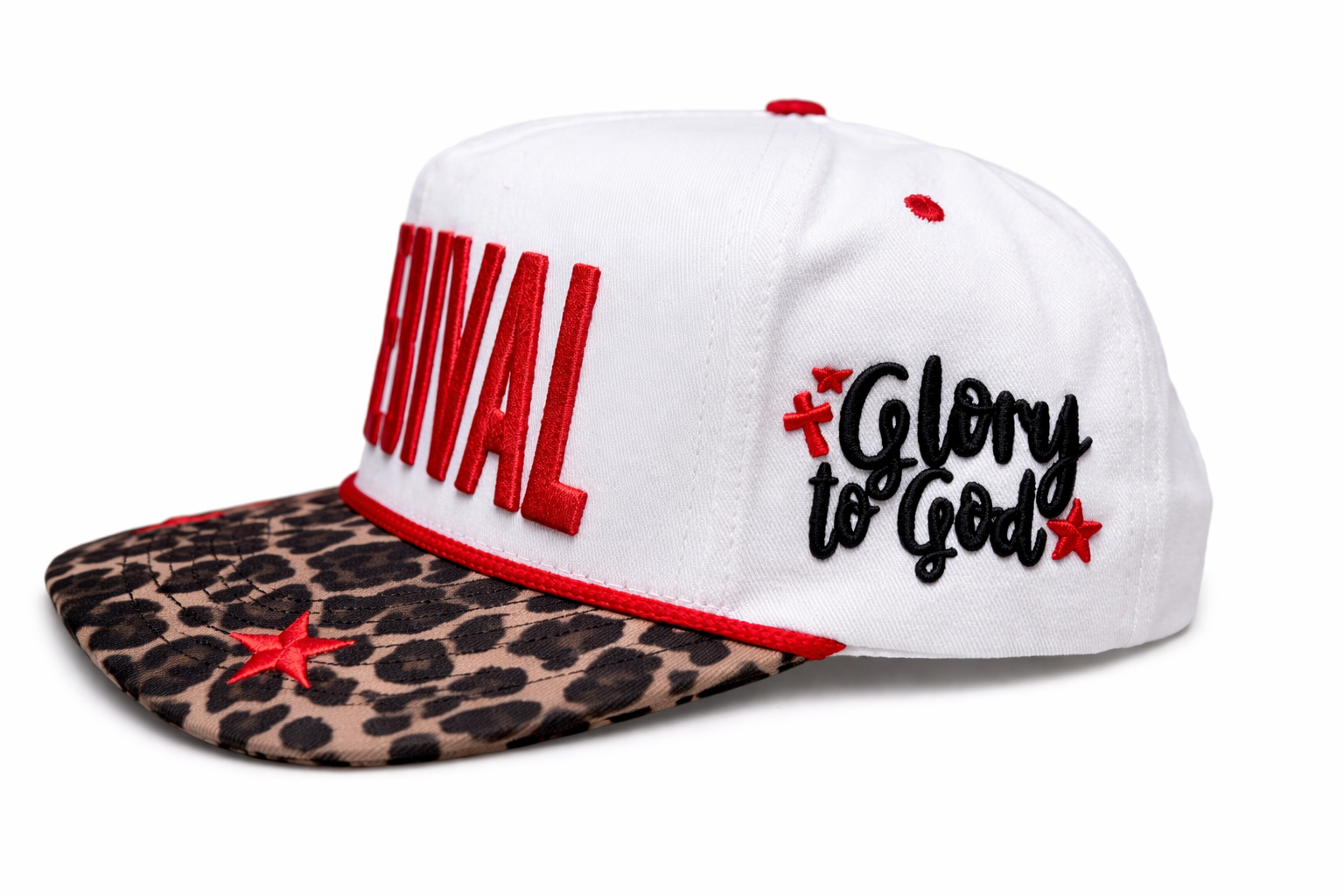 White cap with red text and leopard print brim on a white background