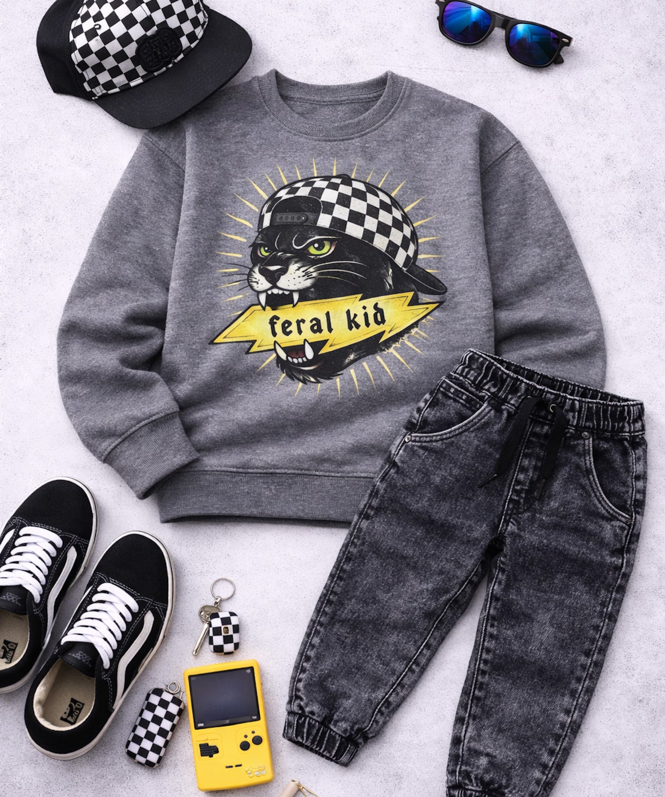 Gray sweatshirt with panther graphic, black jeans, checkered cap, sneakers, and vintage game console on a light gray background.
