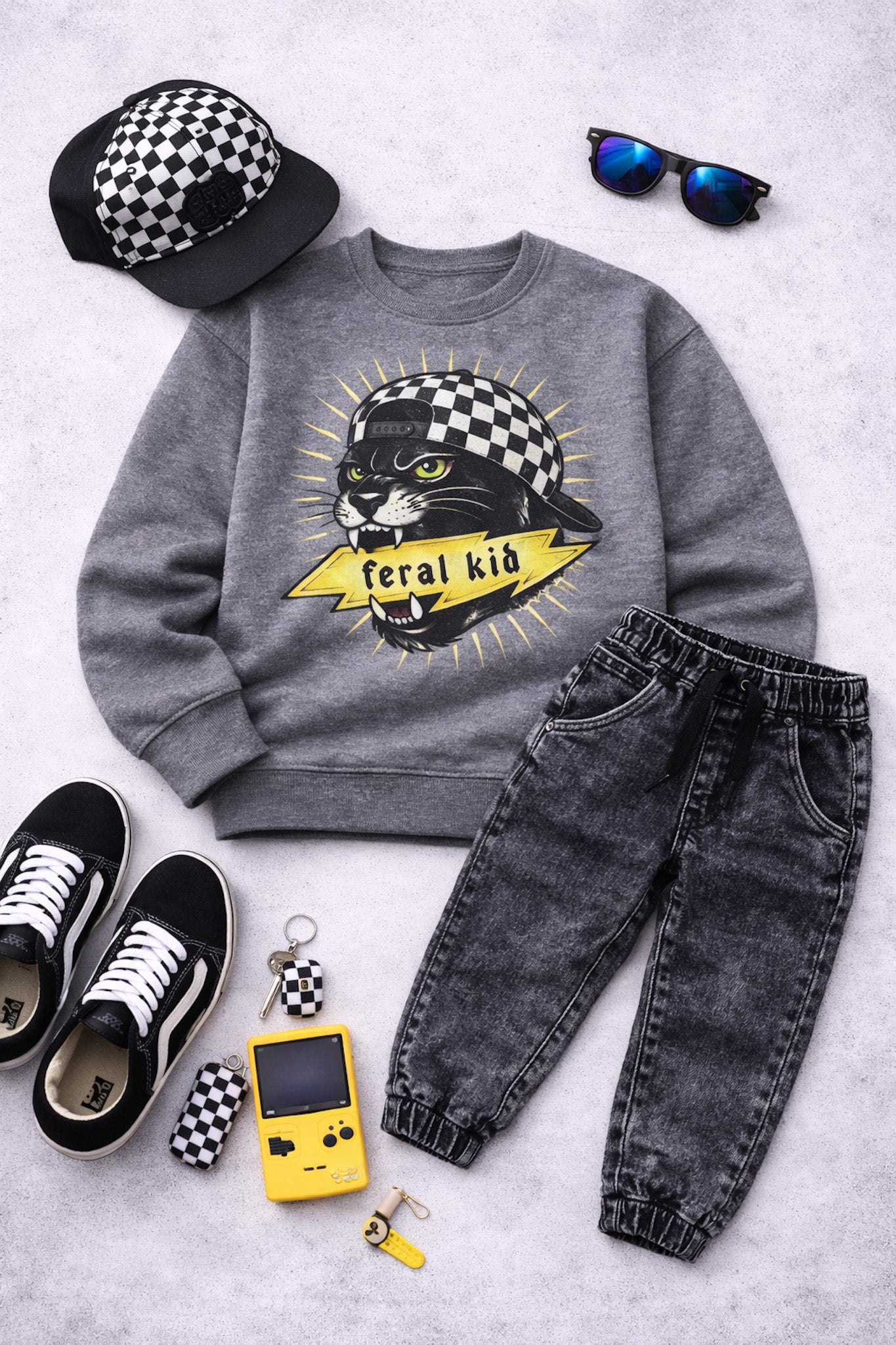 Gray sweatshirt with panther graphic, black jeans, checkered cap, sneakers, and vintage game console on a light gray background.