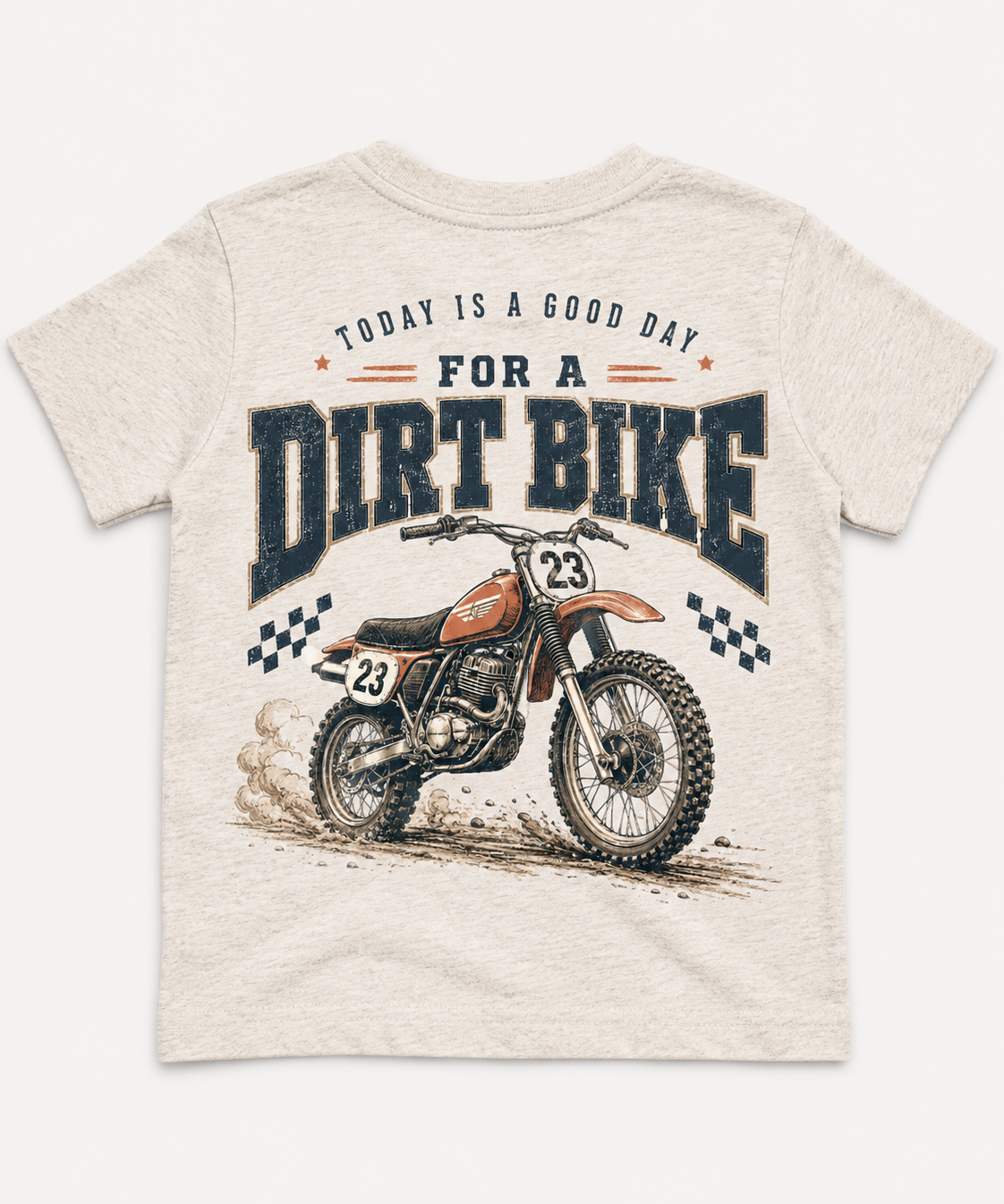 Beige t-shirt with dirt bike graphic and text on a white background