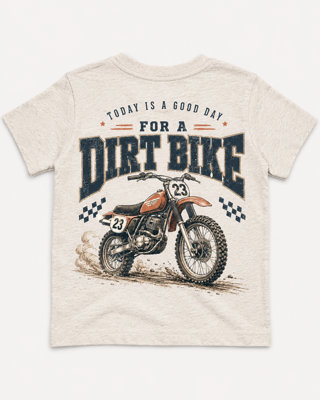 Beige t-shirt with dirt bike graphic and text on a white background