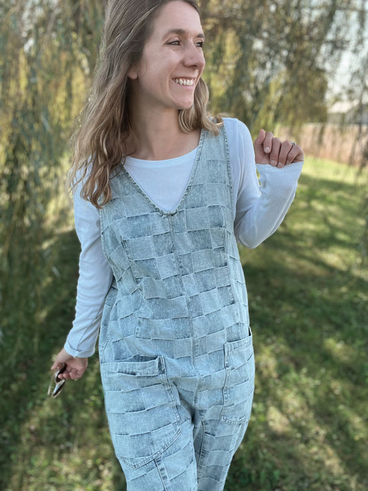 Checkered Denim Overalls