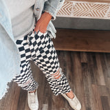 Retro Checkered Distressed Cropped Denim Jeans