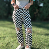 Retro Checkered Distressed Cropped Denim Jeans