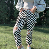 Retro Checkered Distressed Cropped Denim Jeans