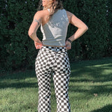 Retro Checkered Distressed Cropped Denim Jeans