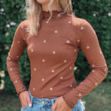 Embroidered Mock Neck Top Hem & Thread