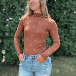 Embroidered Mock Neck Top Hem & Thread