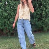 Women in Embroidered Floral Jeans Outside.