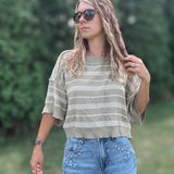 Olive Striped Short Sleeve Sweater