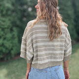 Olive Striped Short Sleeve Sweater