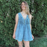 Pleated Sleeveless Denim Romper