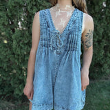 Pleated Sleeveless Denim Romper