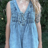 Pleated Sleeveless Denim Romper