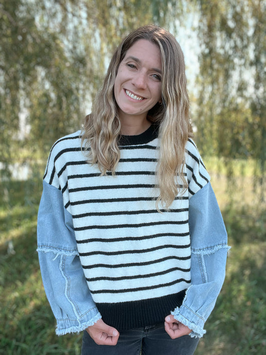 Denim Sleeve Striped Sweater