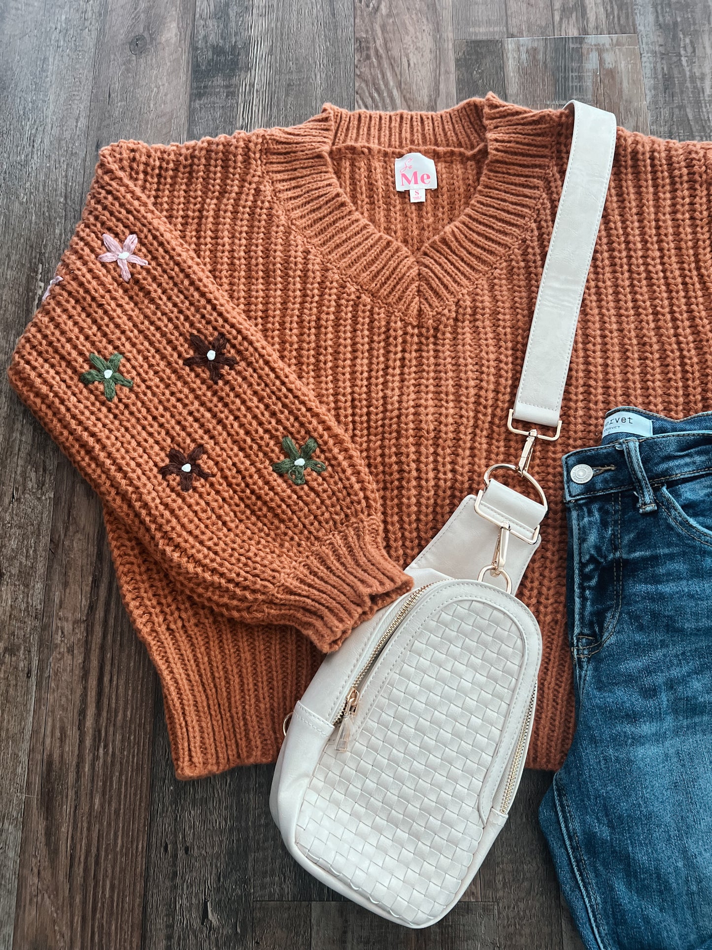 Floral Sleeve Rust Sweater