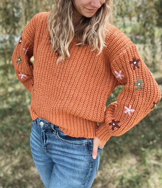 Floral Sleeve Rust Sweater