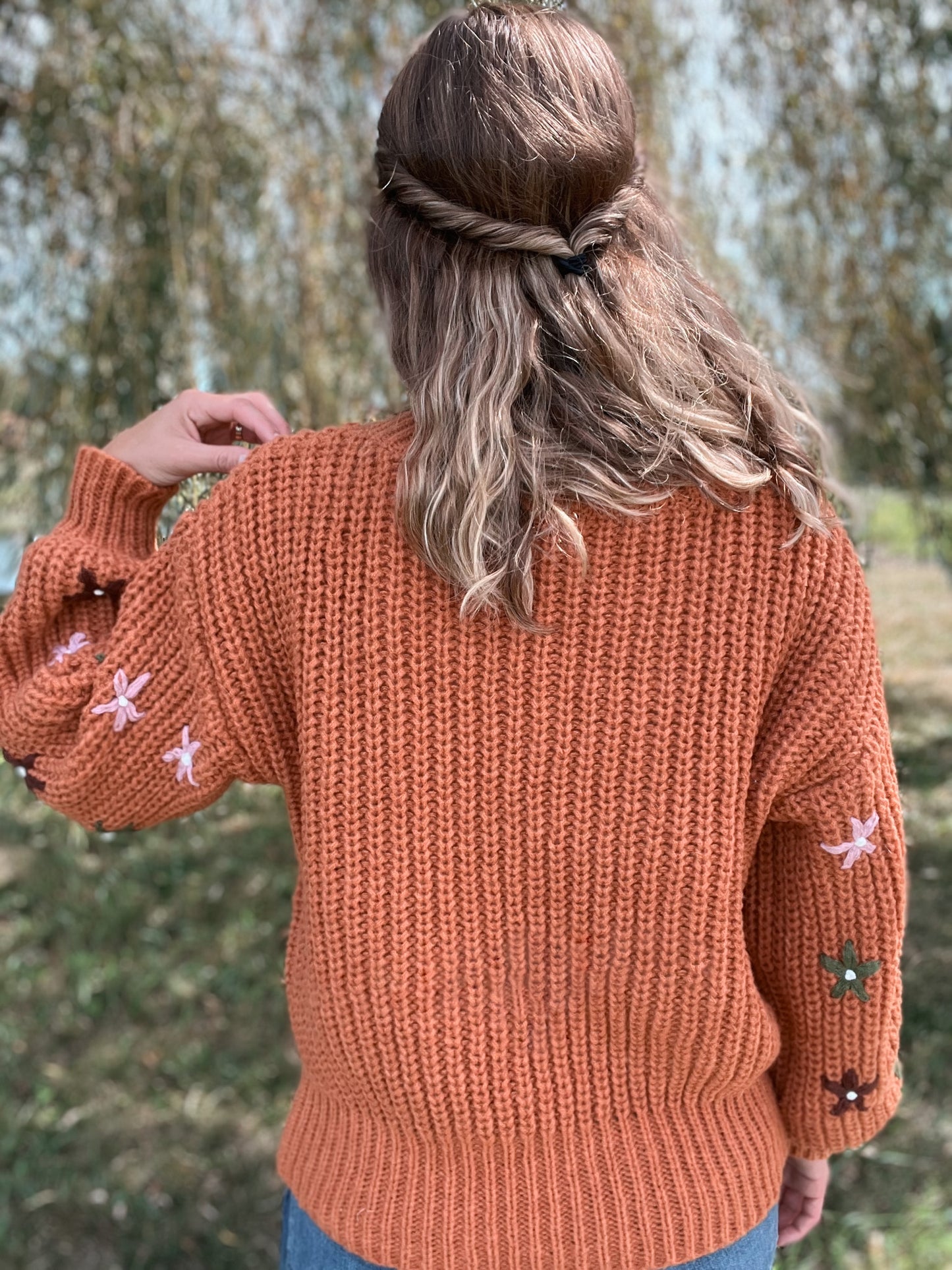 Floral Sleeve Rust Sweater